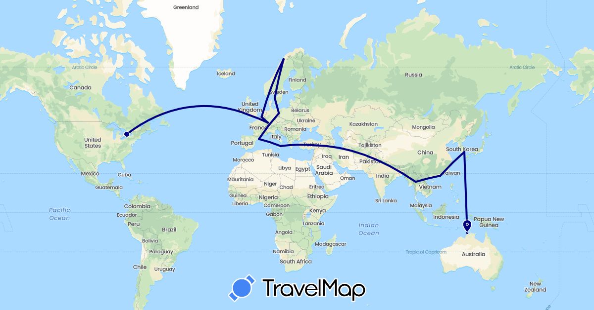 TravelMap itinerary: driving in Australia, Belgium, Canada, Germany, Spain, France, United Kingdom, Hong Kong, India, Italy, South Korea, Norway, Sweden, Thailand (Asia, Europe, North America, Oceania)
